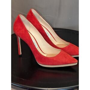 Jimmy Choo Romy 100 Red Suede Pointed Toe Pumps EU 39 Stiletto 4" Heels